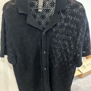 Black Crochet Button-Up Shirt